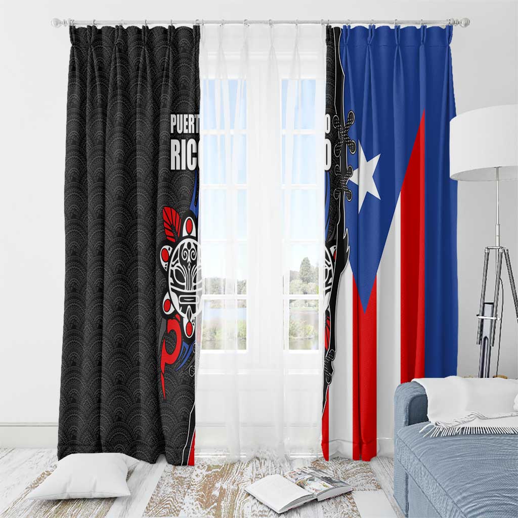 Puerto Rico Window Curtain with Tribal Sun Symbol and Flag Color Block Design