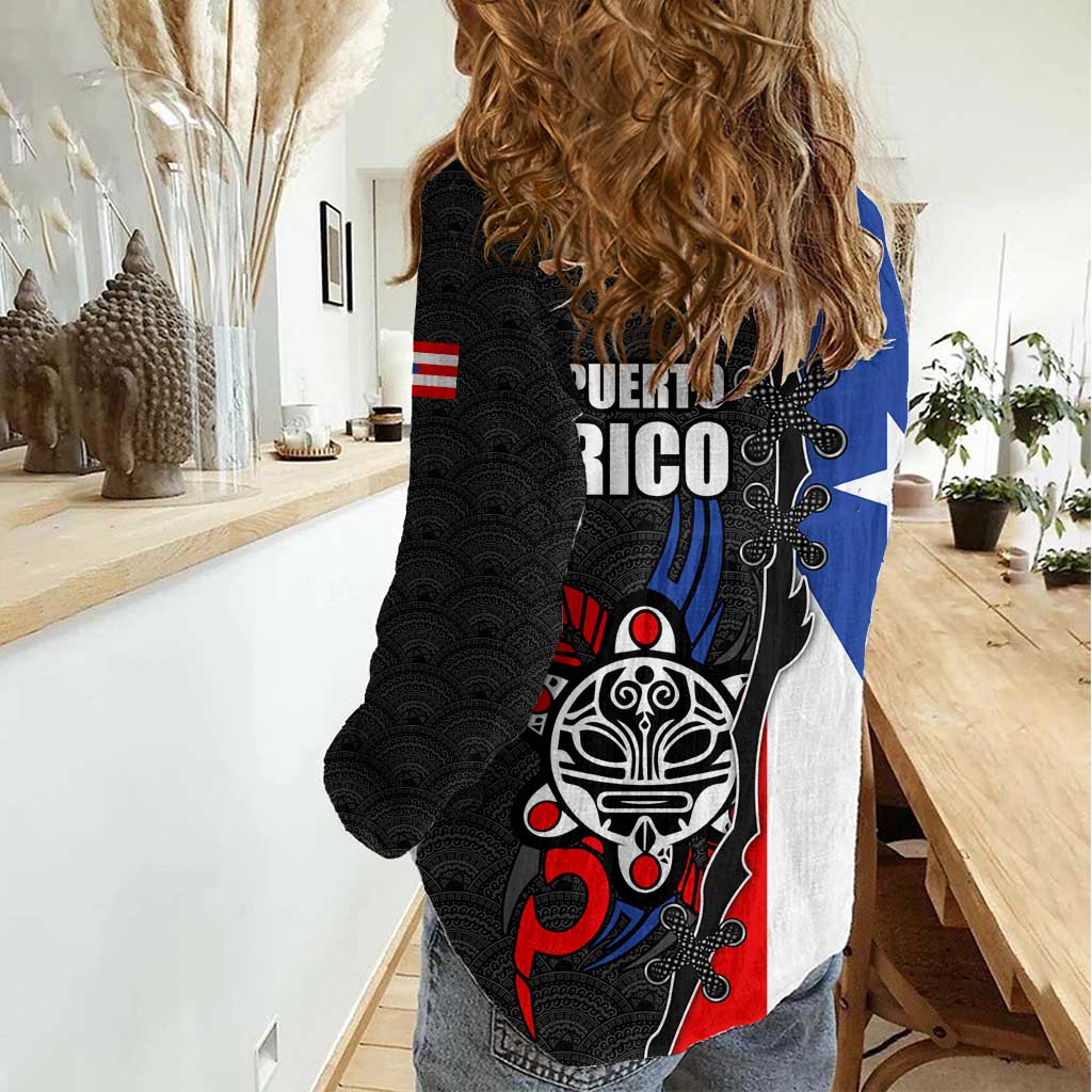 Puerto Rico Women Casual Shirt with Tribal Sun Symbol and Flag Color Block Design