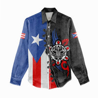 Puerto Rico Women Casual Shirt with Tribal Sun Symbol and Flag Color Block Design