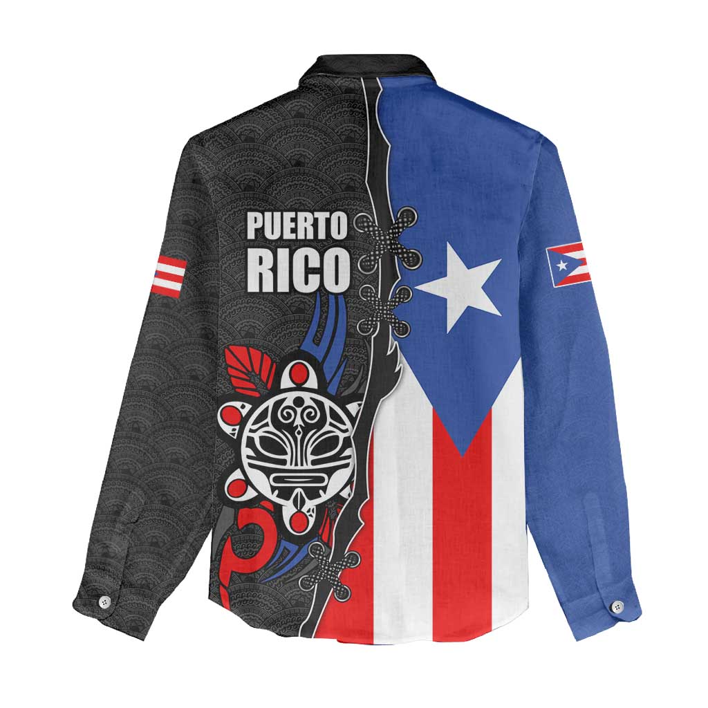 Puerto Rico Women Casual Shirt with Tribal Sun Symbol and Flag Color Block Design