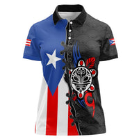 Puerto Rico Women Polo Shirt with Tribal Sun Symbol and Flag Color Block Design