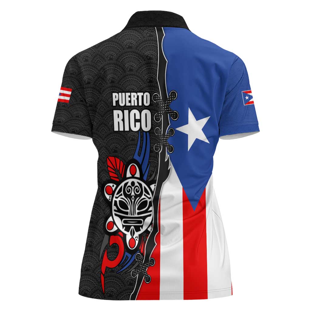 Puerto Rico Women Polo Shirt with Tribal Sun Symbol and Flag Color Block Design