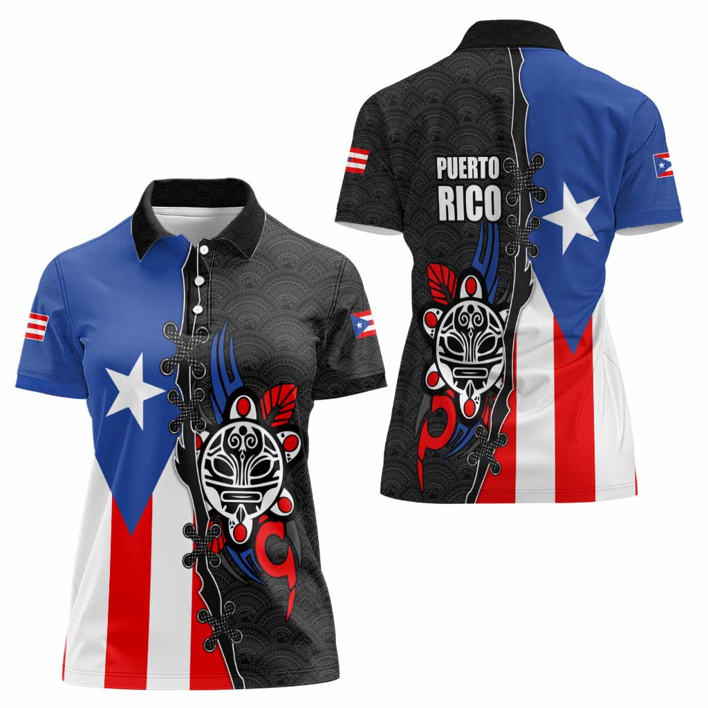 Puerto Rico Women Polo Shirt with Tribal Sun Symbol and Flag Color Block Design