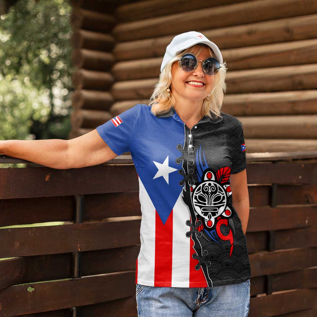 Puerto Rico Women Polo Shirt with Tribal Sun Symbol and Flag Color Block Design