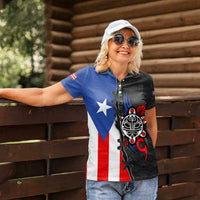Puerto Rico Women Polo Shirt with Tribal Sun Symbol and Flag Color Block Design