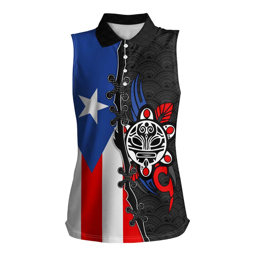 Puerto Rico Women Sleeveless Polo Shirt with Tribal Sun Symbol and Flag Color Block Design
