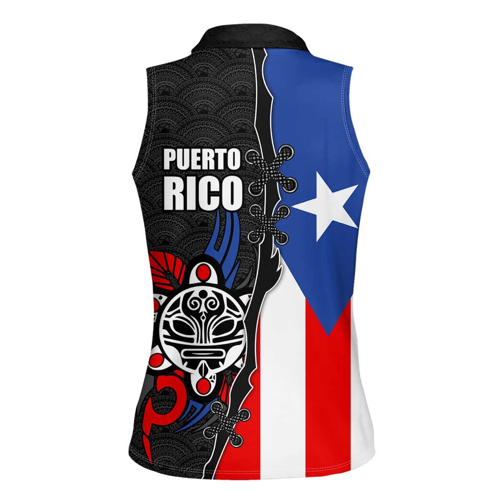 Puerto Rico Women Sleeveless Polo Shirt with Tribal Sun Symbol and Flag Color Block Design