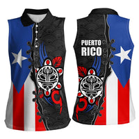 Puerto Rico Women Sleeveless Polo Shirt with Tribal Sun Symbol and Flag Color Block Design