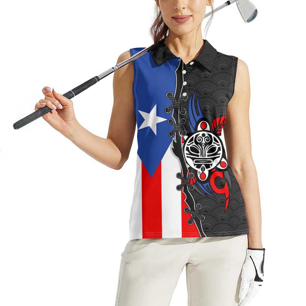 Puerto Rico Women Sleeveless Polo Shirt with Tribal Sun Symbol and Flag Color Block Design