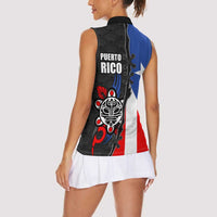 Puerto Rico Women Sleeveless Polo Shirt with Tribal Sun Symbol and Flag Color Block Design