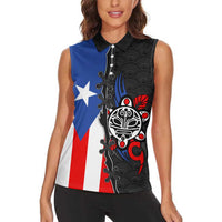 Puerto Rico Women Sleeveless Polo Shirt with Tribal Sun Symbol and Flag Color Block Design