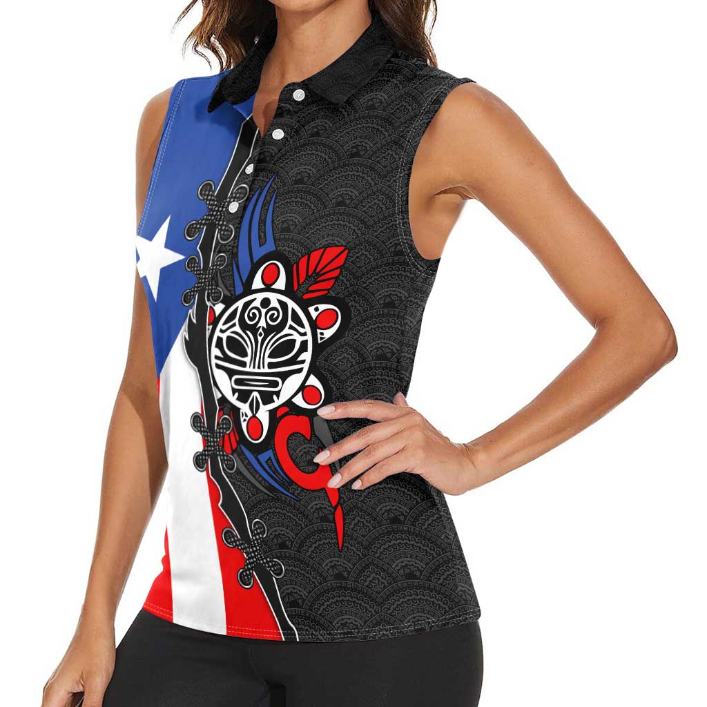 Puerto Rico Women Sleeveless Polo Shirt with Tribal Sun Symbol and Flag Color Block Design