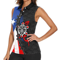 Puerto Rico Women Sleeveless Polo Shirt with Tribal Sun Symbol and Flag Color Block Design