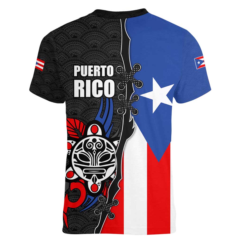 Puerto Rico Women V-Neck T-Shirt with Tribal Sun Symbol and Flag Color Block Design