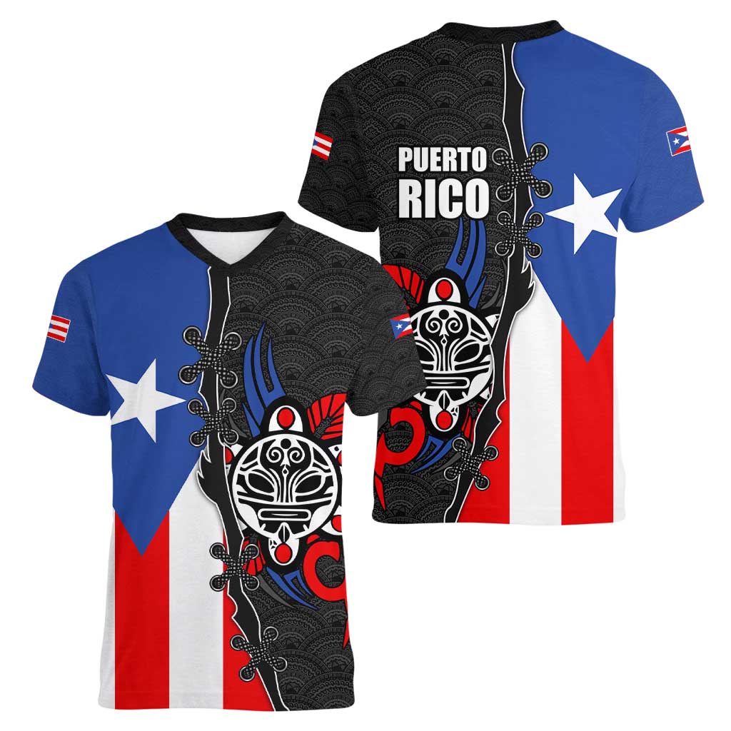 Puerto Rico Women V-Neck T-Shirt with Tribal Sun Symbol and Flag Color Block Design