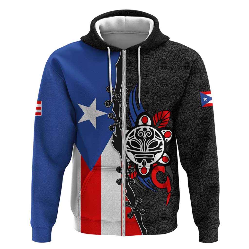 Puerto Rico Zip Hoodie with Tribal Sun Symbol and Flag Color Block Design