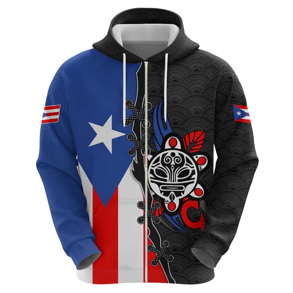 Puerto Rico Zip Hoodie with Tribal Sun Symbol and Flag Color Block Design