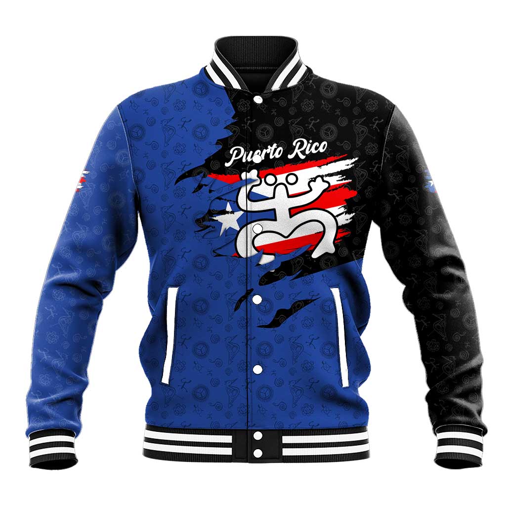 Puerto Rico Baseball Jacket with Coqui Frog Symbol and Distressed Flag Design