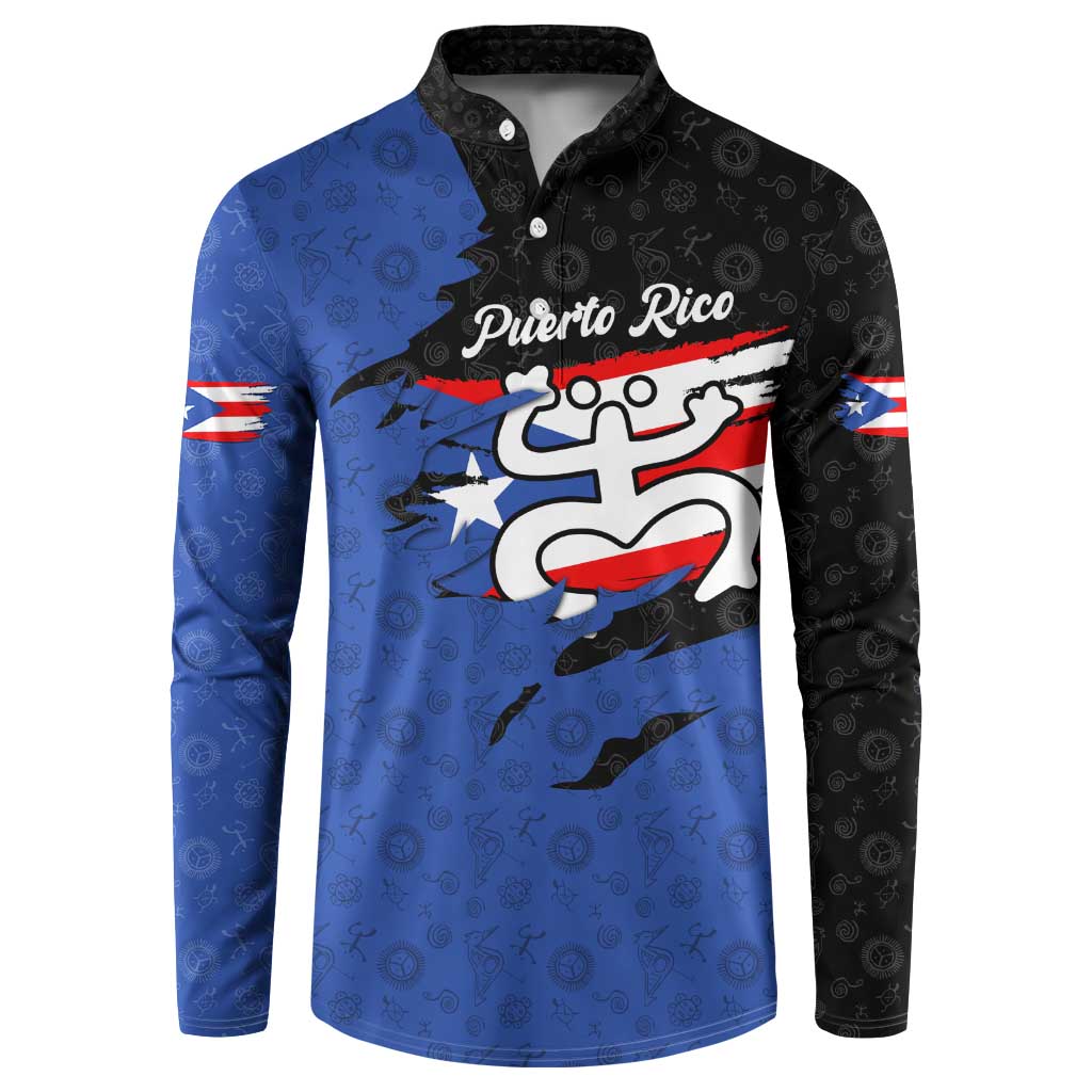 Puerto Rico Button Sweatshirt with Coqui Frog Symbol and Distressed Flag Design