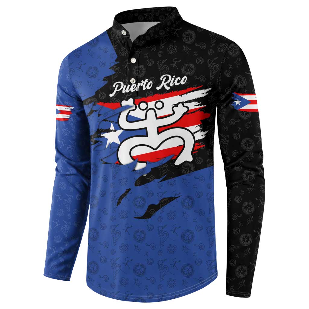 Puerto Rico Button Sweatshirt with Coqui Frog Symbol and Distressed Flag Design