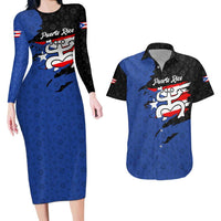 Puerto Rico Couples Matching Long Sleeve Bodycon Dress and Hawaiian Shirt with Coqui Frog Symbol and Distressed Flag Design