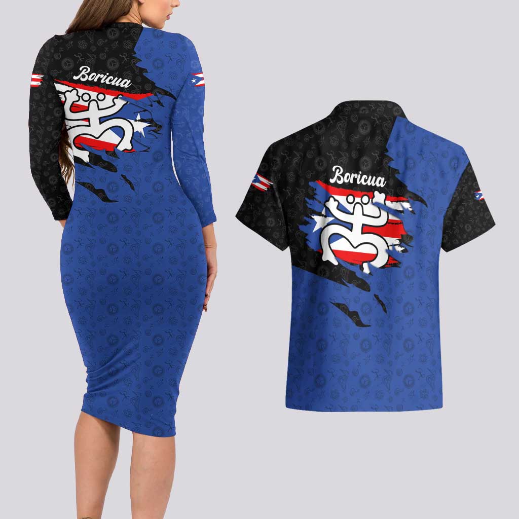 Puerto Rico Couples Matching Long Sleeve Bodycon Dress and Hawaiian Shirt with Coqui Frog Symbol and Distressed Flag Design