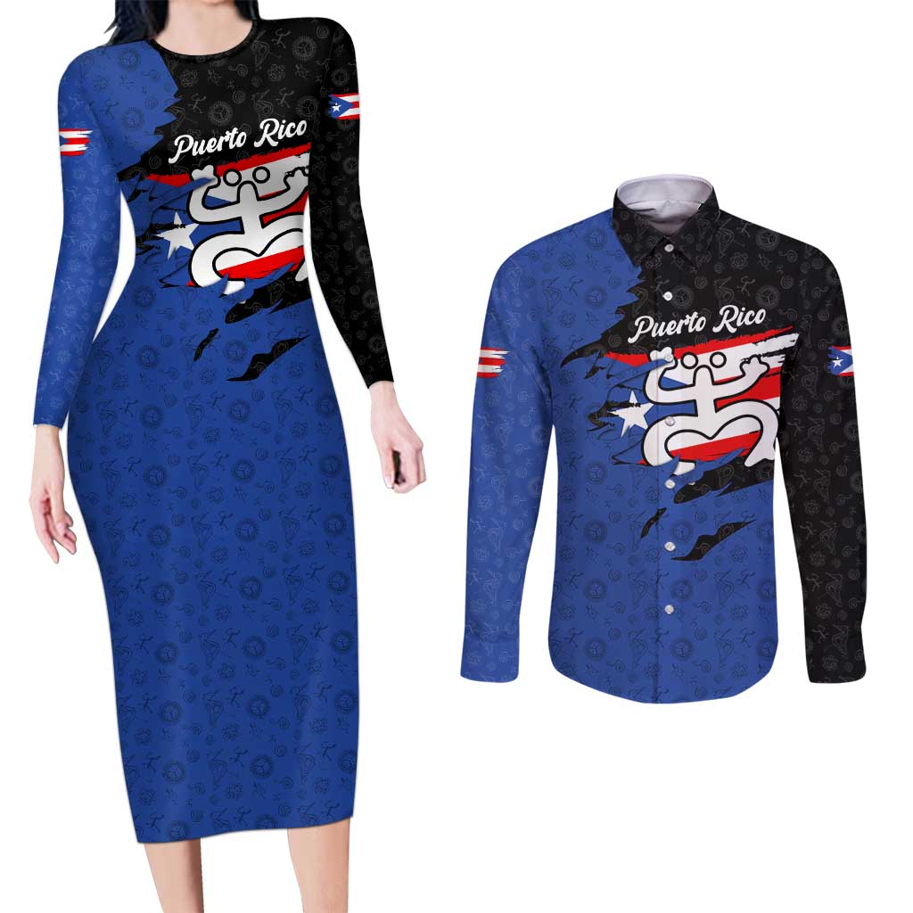 Puerto Rico Couples Matching Long Sleeve Bodycon Dress and Long Sleeve Button Shirt with Coqui Frog Symbol and Distressed Flag Design
