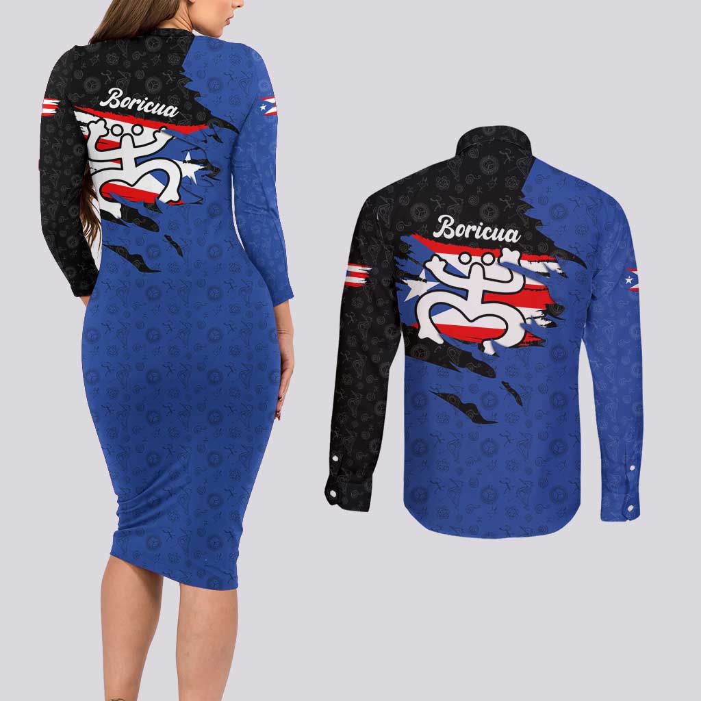 Puerto Rico Couples Matching Long Sleeve Bodycon Dress and Long Sleeve Button Shirt with Coqui Frog Symbol and Distressed Flag Design