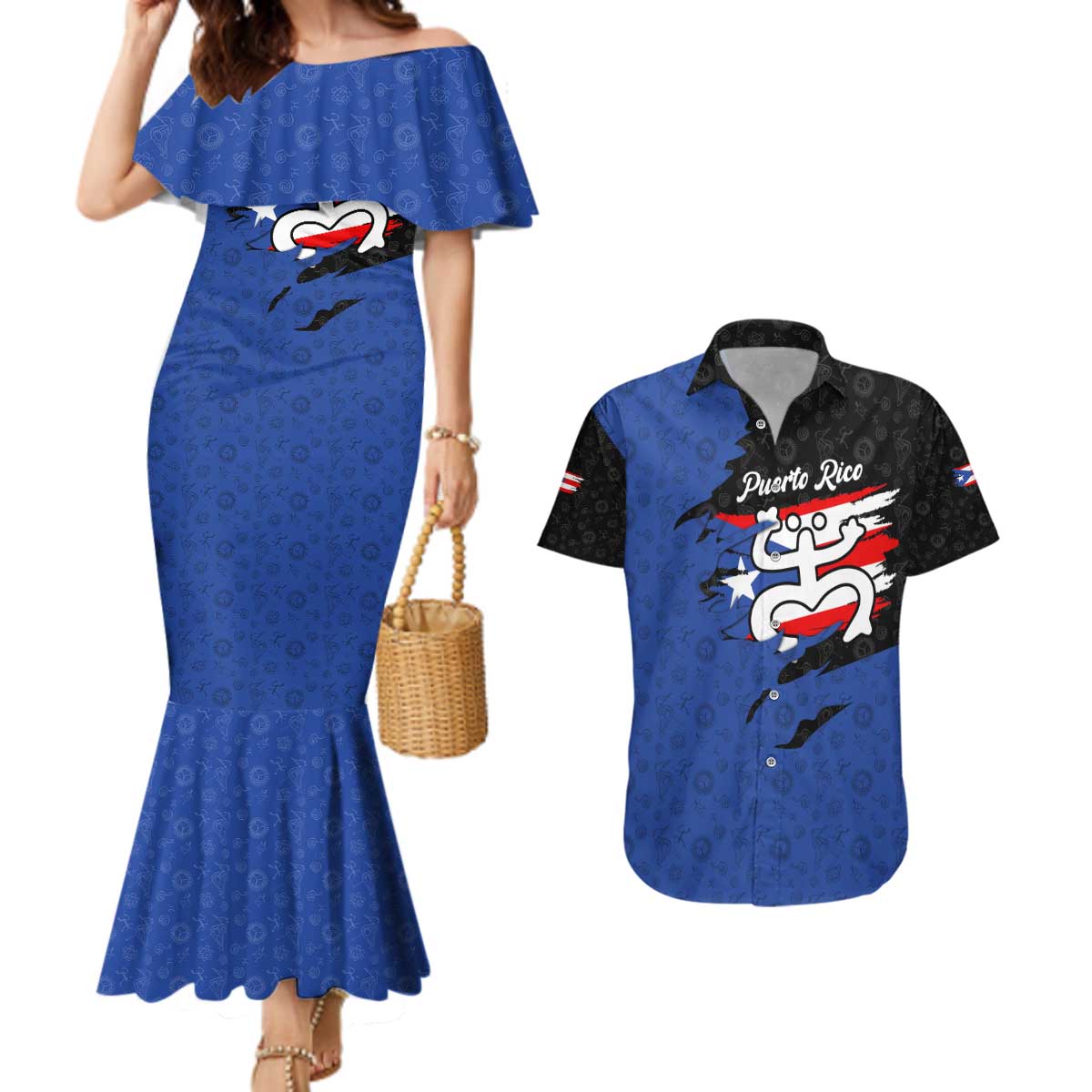 Puerto Rico Couples Matching Mermaid Dress and Hawaiian Shirt with Coqui Frog Symbol and Distressed Flag Design