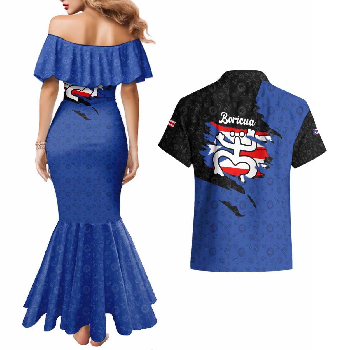 Puerto Rico Couples Matching Mermaid Dress and Hawaiian Shirt with Coqui Frog Symbol and Distressed Flag Design