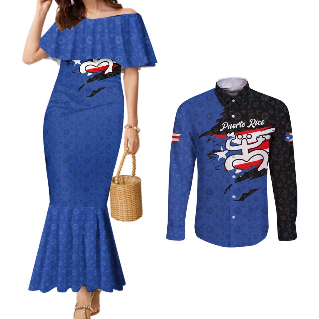 Puerto Rico Couples Matching Mermaid Dress and Long Sleeve Button Shirt with Coqui Frog Symbol and Distressed Flag Design