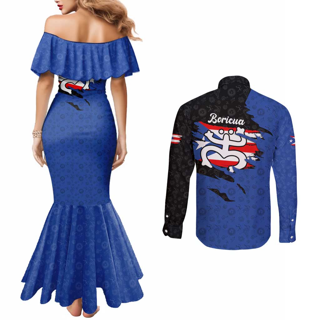 Puerto Rico Couples Matching Mermaid Dress and Long Sleeve Button Shirt with Coqui Frog Symbol and Distressed Flag Design