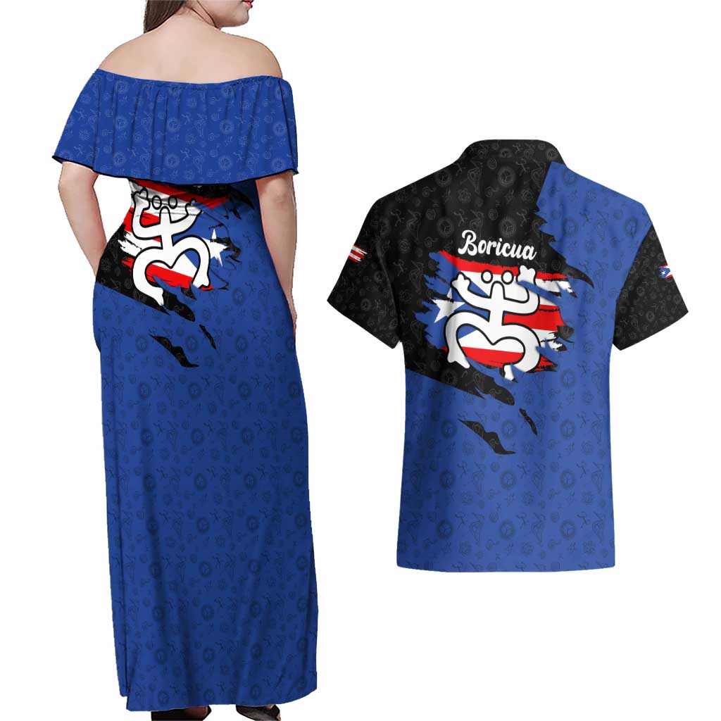 Puerto Rico Couples Matching Off Shoulder Maxi Dress and Hawaiian Shirt with Coqui Frog Symbol and Distressed Flag Design