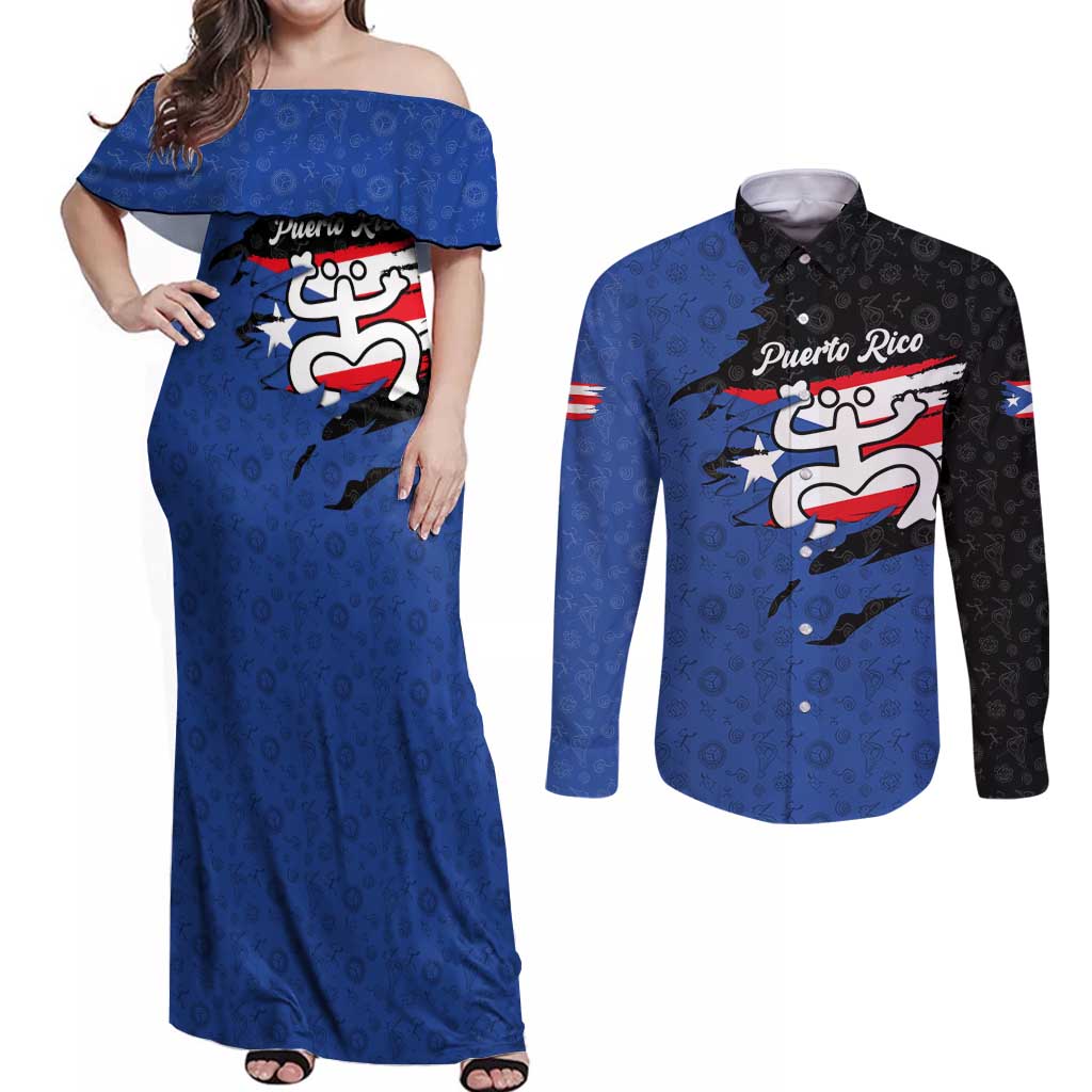 Puerto Rico Couples Matching Off Shoulder Maxi Dress and Long Sleeve Button Shirt with Coqui Frog Symbol and Distressed Flag Design