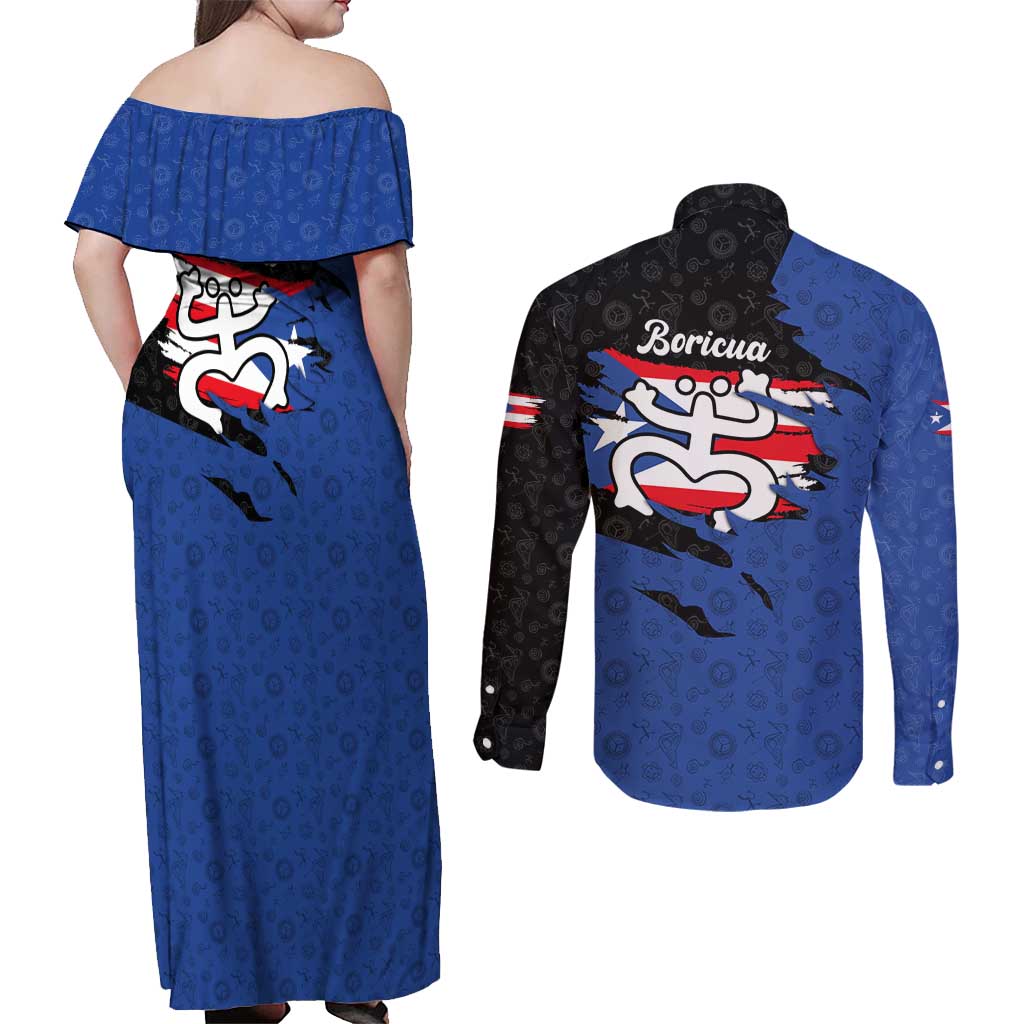 Puerto Rico Couples Matching Off Shoulder Maxi Dress and Long Sleeve Button Shirt with Coqui Frog Symbol and Distressed Flag Design