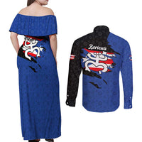 Puerto Rico Couples Matching Off Shoulder Maxi Dress and Long Sleeve Button Shirt with Coqui Frog Symbol and Distressed Flag Design
