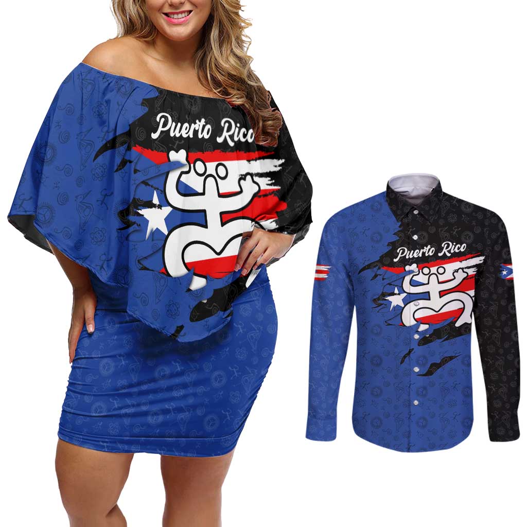 Puerto Rico Couples Matching Off Shoulder Short Dress and Long Sleeve Button Shirt with Coqui Frog Symbol and Distressed Flag Design