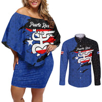 Puerto Rico Couples Matching Off Shoulder Short Dress and Long Sleeve Button Shirt with Coqui Frog Symbol and Distressed Flag Design