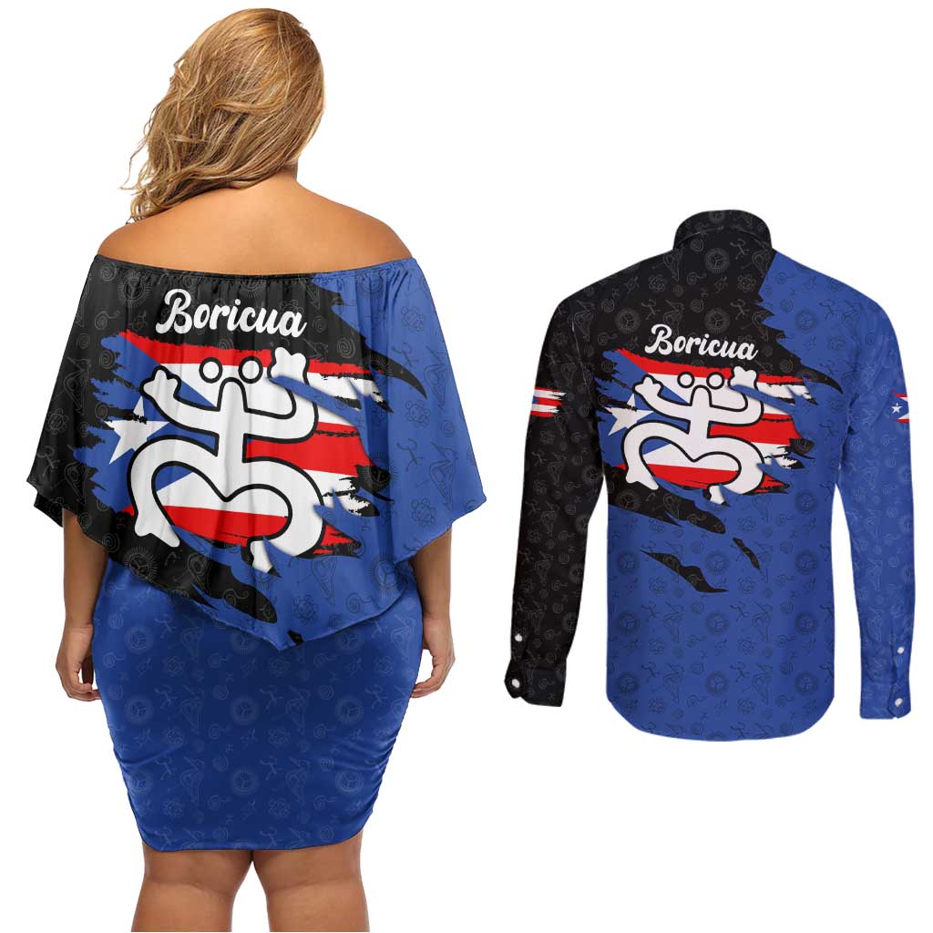 Puerto Rico Couples Matching Off Shoulder Short Dress and Long Sleeve Button Shirt with Coqui Frog Symbol and Distressed Flag Design