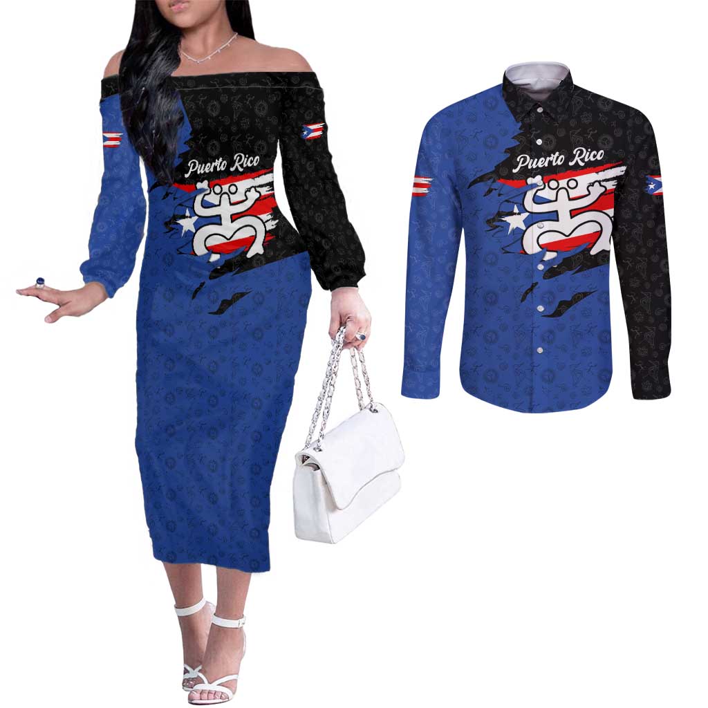 Puerto Rico Couples Matching Off The Shoulder Long Sleeve Dress and Long Sleeve Button Shirt with Coqui Frog Symbol and Distressed Flag Design