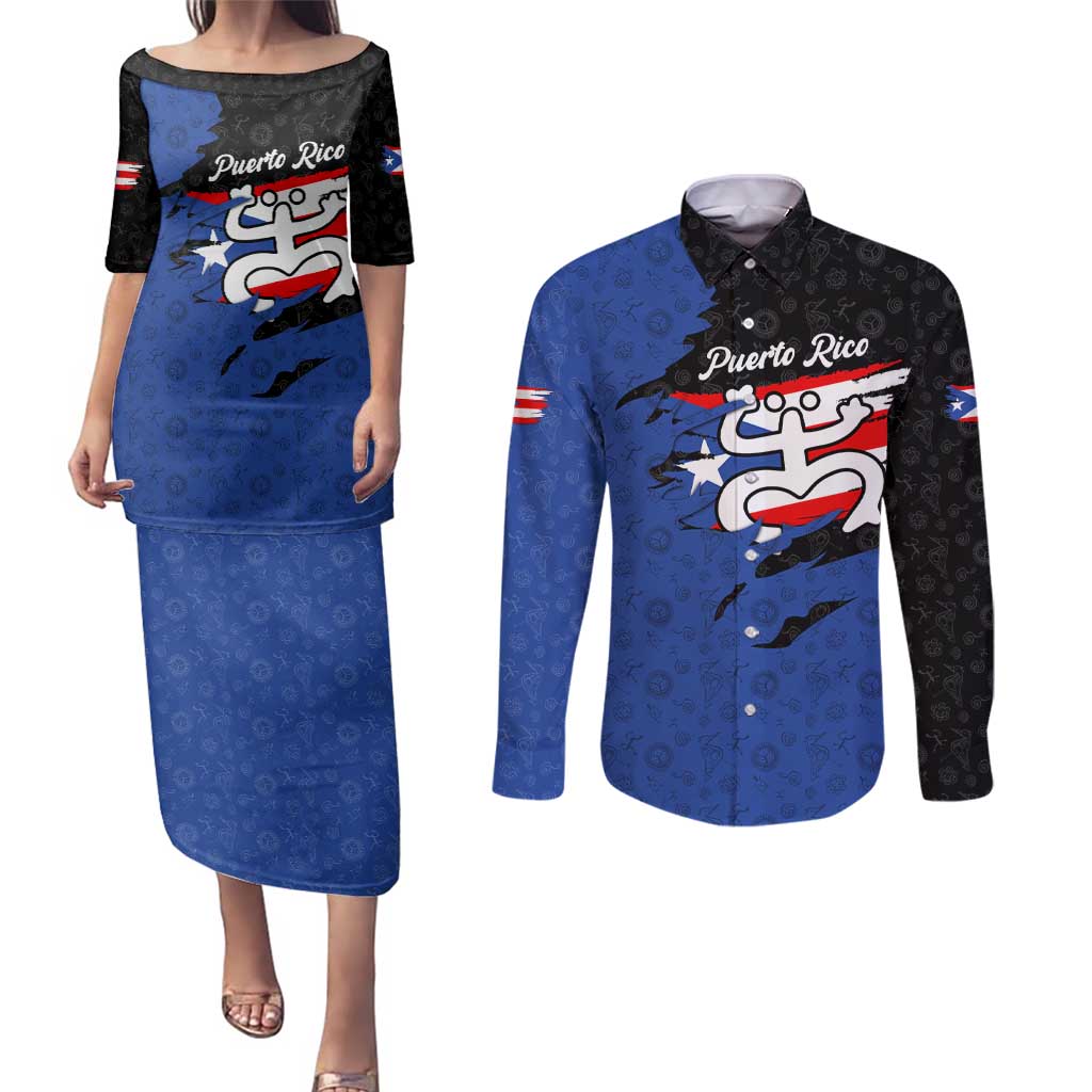 Puerto Rico Couples Matching Puletasi and Long Sleeve Button Shirt with Coqui Frog Symbol and Distressed Flag Design