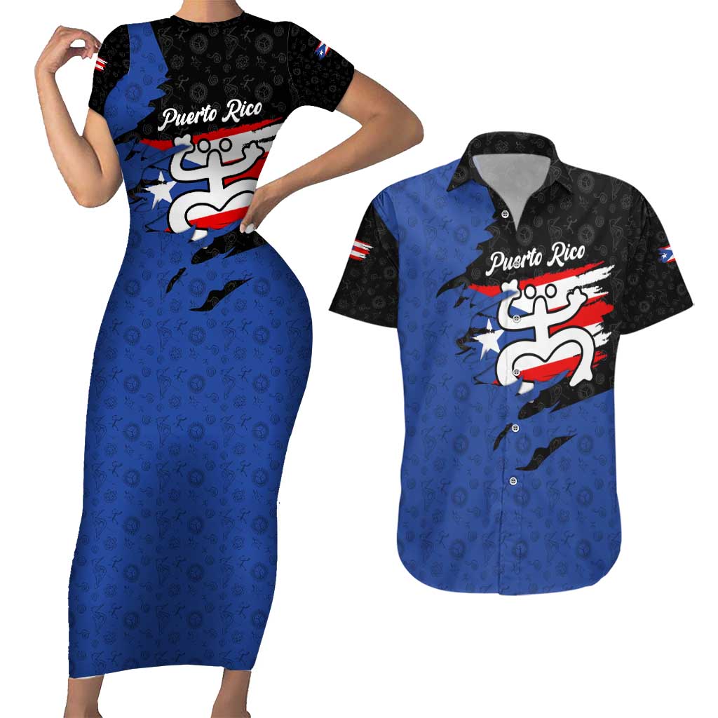 Puerto Rico Couples Matching Short Sleeve Bodycon Dress and Hawaiian Shirt with Coqui Frog Symbol and Distressed Flag Design
