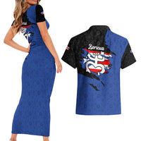 Puerto Rico Couples Matching Short Sleeve Bodycon Dress and Hawaiian Shirt with Coqui Frog Symbol and Distressed Flag Design