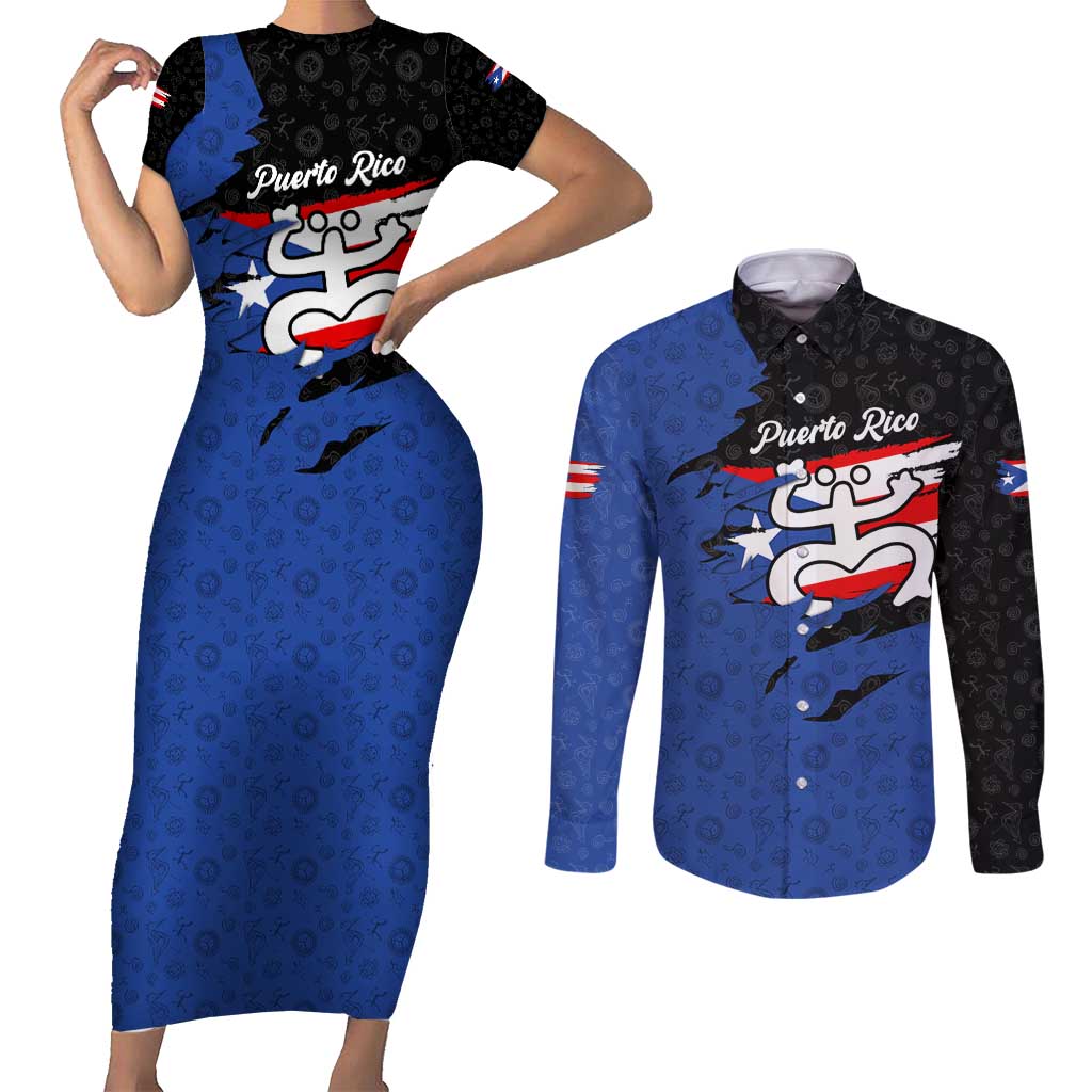 Puerto Rico Couples Matching Short Sleeve Bodycon Dress and Long Sleeve Button Shirt with Coqui Frog Symbol and Distressed Flag Design