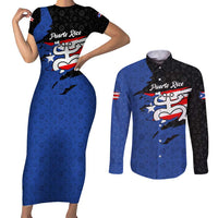 Puerto Rico Couples Matching Short Sleeve Bodycon Dress and Long Sleeve Button Shirt with Coqui Frog Symbol and Distressed Flag Design