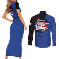 Puerto Rico Couples Matching Short Sleeve Bodycon Dress and Long Sleeve Button Shirt with Coqui Frog Symbol and Distressed Flag Design