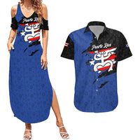 Puerto Rico Couples Matching Summer Maxi Dress and Hawaiian Shirt with Coqui Frog Symbol and Distressed Flag Design