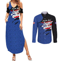 Puerto Rico Couples Matching Summer Maxi Dress and Long Sleeve Button Shirt with Coqui Frog Symbol and Distressed Flag Design