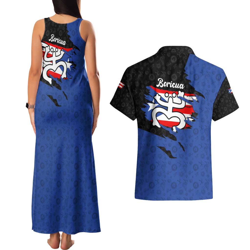 Puerto Rico Couples Matching Tank Maxi Dress and Hawaiian Shirt with Coqui Frog Symbol and Distressed Flag Design