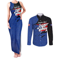 Puerto Rico Couples Matching Tank Maxi Dress and Long Sleeve Button Shirt with Coqui Frog Symbol and Distressed Flag Design